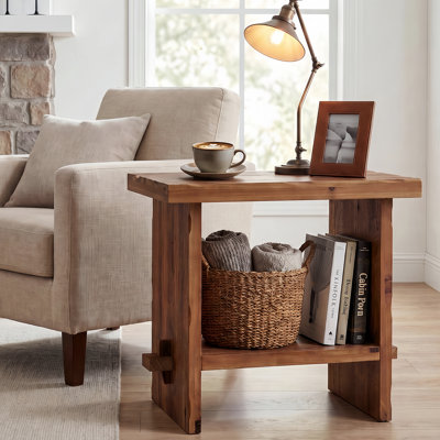 23.62" Solid Wood End Table, Farmhouse Small Bedside Table With Storage For Living Room
