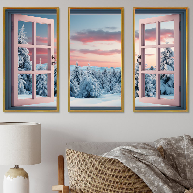 «Forest Winter Window View I - Winter Landscape», art mural, Cadre flottant doré, H 40 po x l 61 po x P 1 po