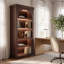 Bibliothèque ouverte de style campagnard moderne avec éclairage DEL, étagère supérieure cintrée, meuble de rangement autoportant pour salon, bureau, noyer foncé-121515906