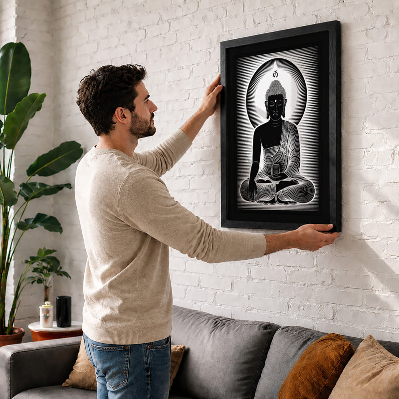 Buddha in Meditation Japandi - Framed Print, A4 - 29.7 x 21.0 cm, Oak