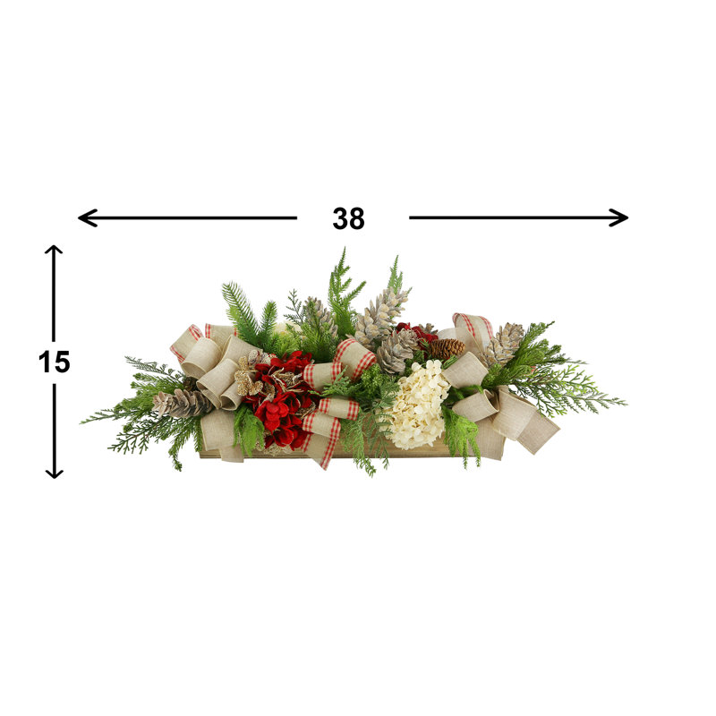 Hydrangea Holiday Arrangement With Evergreen And Bows In A Wood Planter