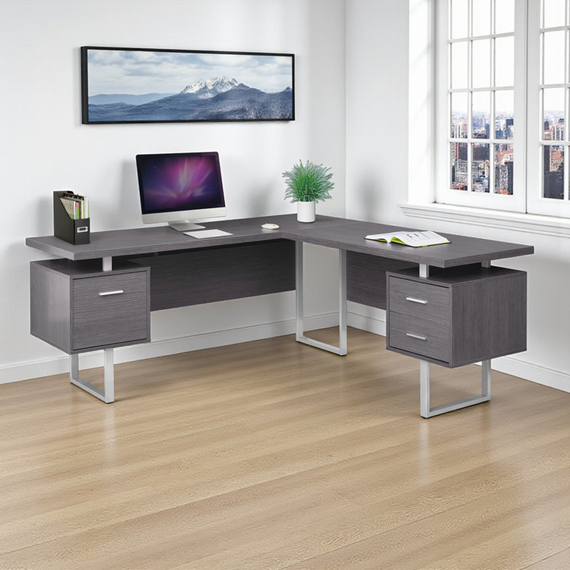 Bureau d'ordinateur moderne Alonzo gris et argent avec pieds en métal, H 29,74 po x l 70,81 po x P 70,81 po