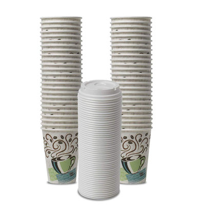 Perfectouch Wisesize Coffee Design Insulated Paper Cup, 12Oz Cups And Lids Bundle (12 Oz, 50 Cups, 50 Lids)