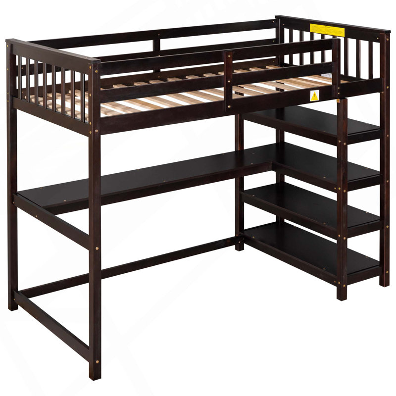 Lit mezzanine avec tablettes de rangement et bureau sous le lit, Lit simple, Espresso