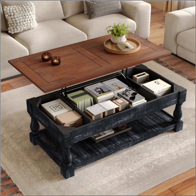 Table basse à plateau relevable rétro avec rangement pour le salon, le compartiment caché et la tablette inférieure