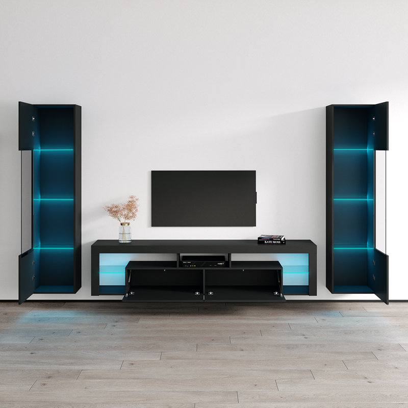 Chaquitta 110.3" Modern Entertainment Center with 16-Color LED Lighting, High Gloss Finish, Black