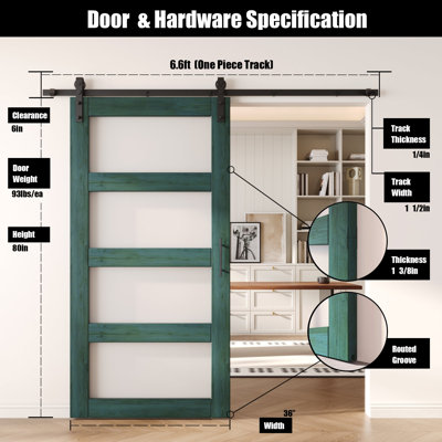 Porte de grange en verre non assemblé et fini 36 po x 80 po avec quincaillerie Homacer Royal Pine 36 po x 80 po Homacer