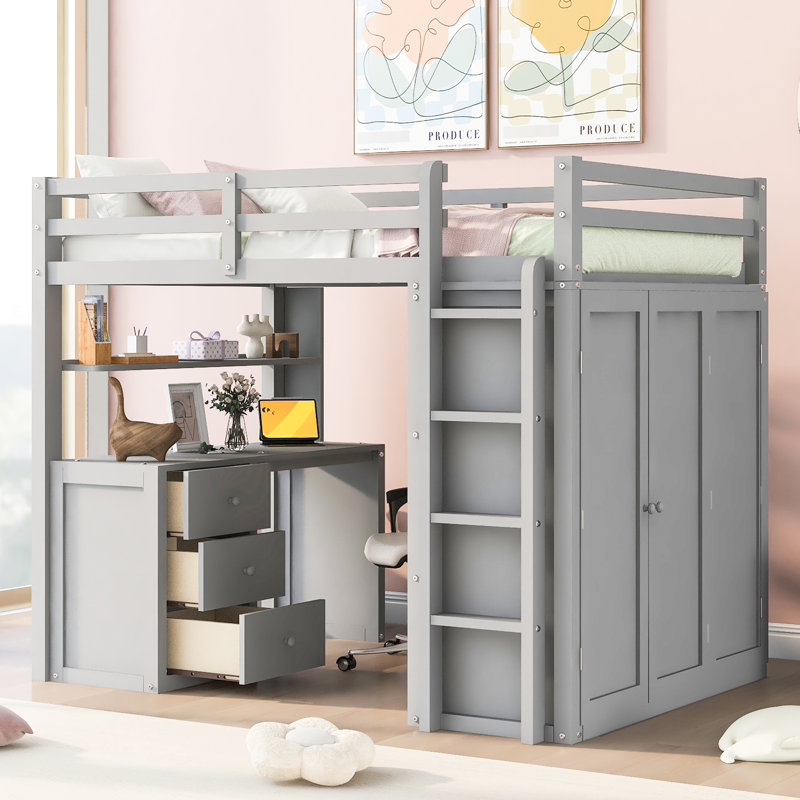 Lit mezzanine double avec tiroirs, bureau et garde-robe en gris - espace maximisé pour travailler, jouer et se reposer, cadre en bois de pin massif, lattes, garde-corps, familles convenables avec bureau pour économiser de l'espace,