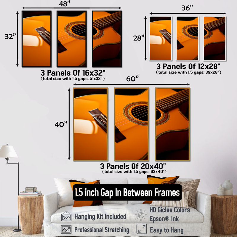 Magnifique guitare orange, ensemble d'art mural, Cadre flottant doré, H 40 po x l 60 po x P 1 po