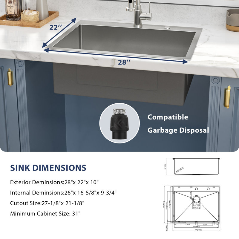 28" L x 22" W Drop-in Kitchen Sink 16 Gauge Stainless Steel Kitchen Sink Topmount Single Bowl Sink, Brushed Nickel
