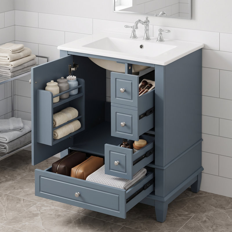Meuble-lavabo autoportant 24 po en bois massif et panneau de fibres à densité moyenne bleu gris avec lavabo et rangement en céramique