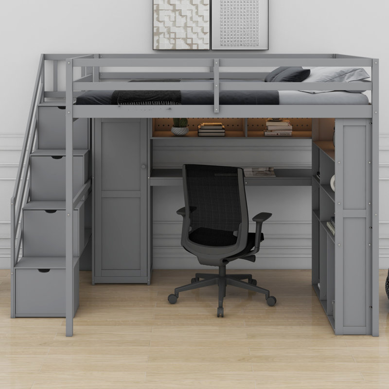 Storage Loft Bed Frame With Built-In Wardrobe, Study Desk, Shelves And Integrated Lights, Gray