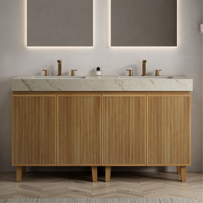 Meuble-lavabo de salle de bain 152 cm (60 po), meuble autoportant, comptoir en pierre frittée couleur crème veinée or et lavabos en céramique avec 3 trous prépercés pour robinetterie, démonté, robinetterie et bonde non inclus, couleur grain de bois naturel