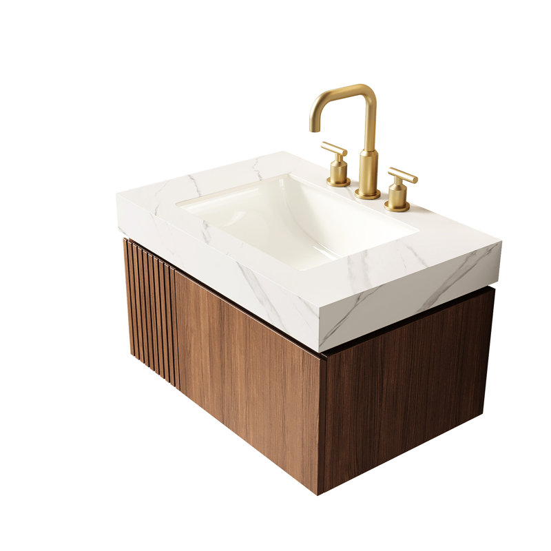 Wall Mounted Single Double With Stone Top, Brown Oak Carrara White, Brun, chêne, blanc de Carrare