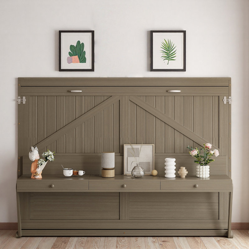Lit escamotable avec bureau de coiffeuse, miroir central et 2 tiroirs latéraux, Gris