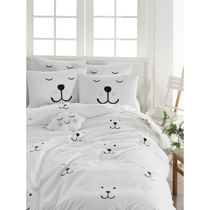 Ensemble de housse de couette 100% coton blanc / noir Kropp, Housse de couette 94 po x 87 po + 2 taies d'oreill