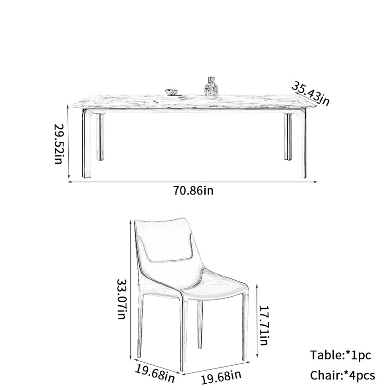 Minimalism Light Luxury Marble Dining Table Sets 4 - Person Marble Top Four Leg Dining Set, 29.52"H x 70.86"L x 35.43"W