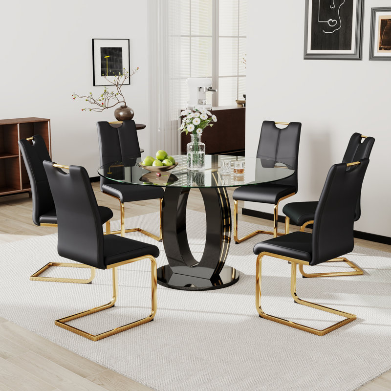 Ensemble de table de salle à manger haute brillance pour 4 à 6 personnes, Noir et or, 7, Noir