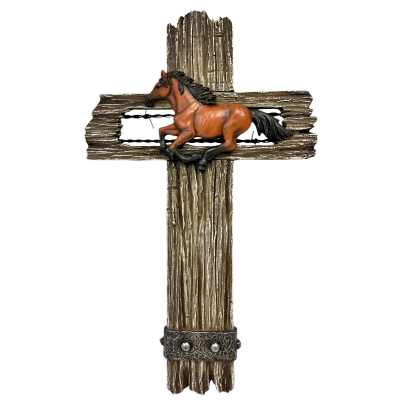 Polyresin Brown Horse on Distressed Faux Fence Wood Country Farmhouse Accent Hanging Wall Cross