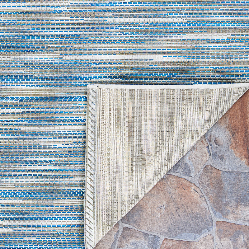 Radley Stripe Ocean Blue Champagne Indoor Outdoor Area Rug, Rectangle 7'6" x 10'9"