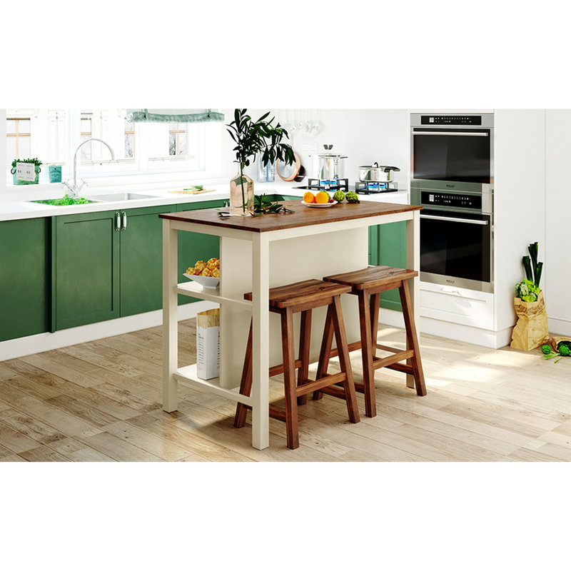 Ensemble d'îlot de cuisine 3 pièces 45 po avec 2 sièges, ensemble de table de salle à manger en bois d'hévéa avec 2 tablettes ouvertes pour petits espaces, noyer + blanc crème, îlot de cuisine