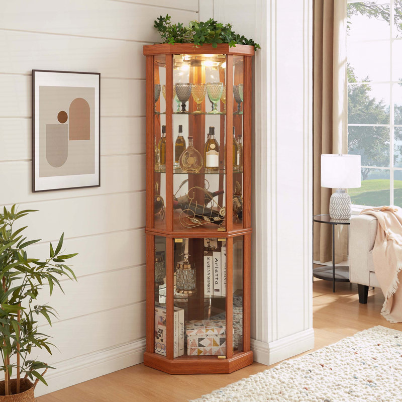 Corner Lighted Glass Cabinet with Adjustable Shelves, Dark Oak