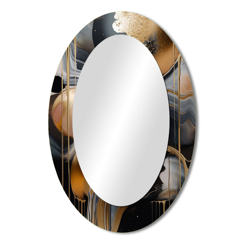 Gold And Black Marbled Euphoria V - Abstract Oval Decorative Mirror On Metal, 36" x 24"