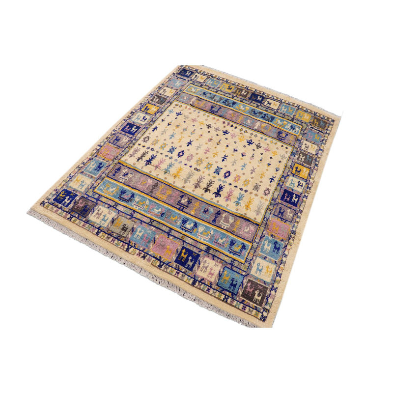 Tapis marocain ivoire / bleu unique en laine noué à la main de style années 2000 de 7 pi 11 po x 10 pi 4 po Lovre