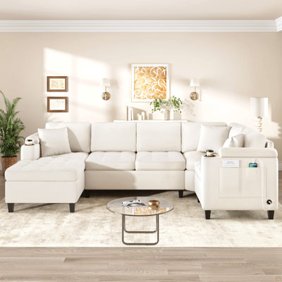 U-Shaped Sectional Sofa 115.7" Corner Sectional Living Room Couch Oversized Sectional With With Built-In Cup Holders, Storage Space And USB Ports