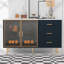 Buffet moderne avec plateau en marbre et portes en verre ambré - armoire de rangement avec pieds et poignées dorés-1126928392-1119079817