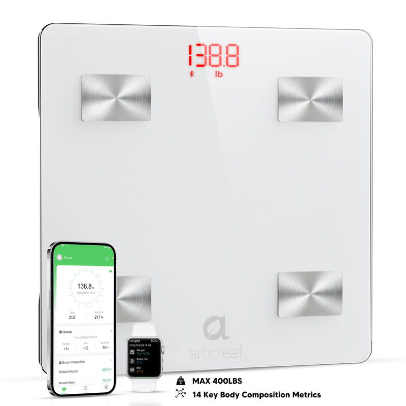 Arboleaf High-Precision Digital Body Fat Electronic Scale - Wireless Sync, 14 Body Composition Analysis, 396 Lbs Capacity, for Gyms, University Dormitories