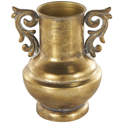 Hendy Metal Weathered Vintage Amphora Decorative Gold Vase with Scroll Handles