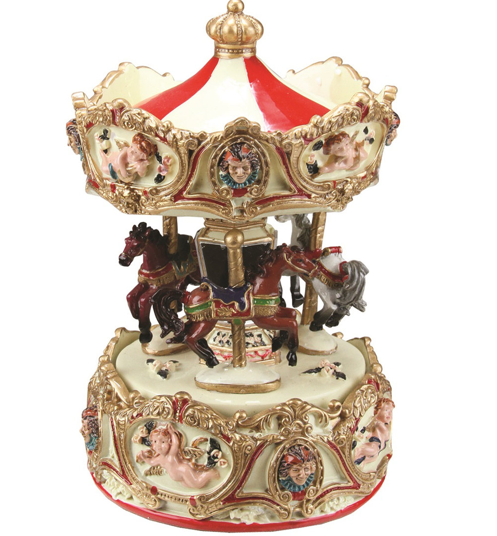 6.5" Cream and Gold Clown and Cupid Animated Carousel Music Box Northlight Seasonal