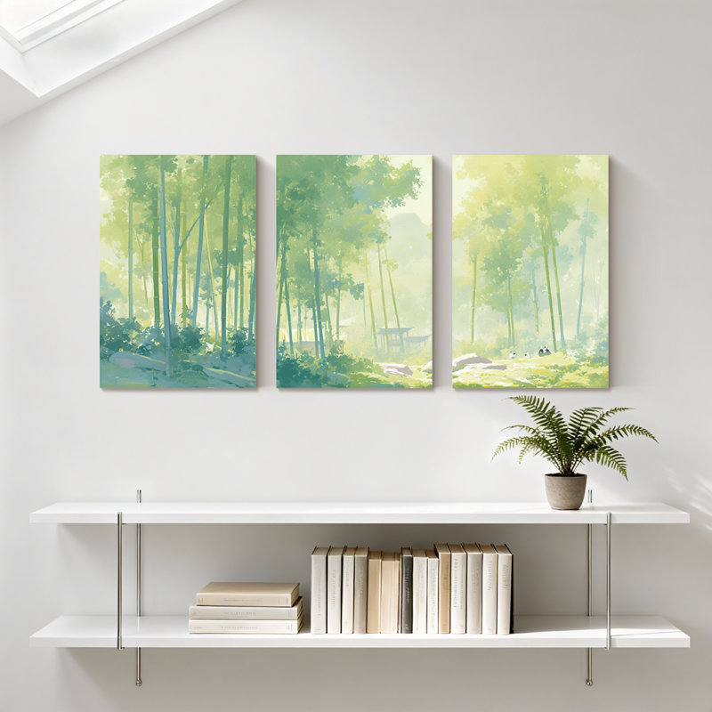 Paysage et nature, scène de forêt sereine avec lumière douce et reflets, ensemble de 3 impressions sur toile
