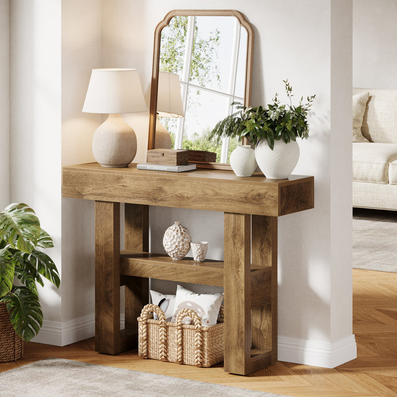 Console de 41,34 po de style maison de campagne avec tablettes de rangement, canapé étroit à 2 niveaux avec pieds robustes en forme de H