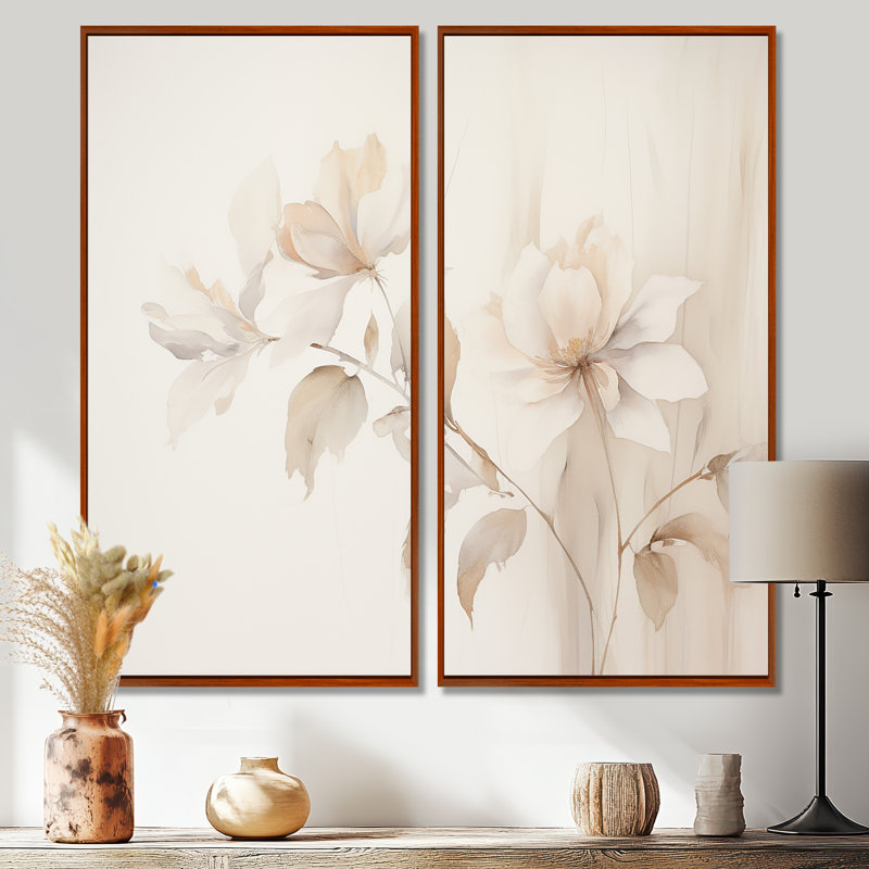Élégance botanique blanche II - art mural moderne 2 panneaux, 20" H x 24" W, Impression encadrée flottante, Brown