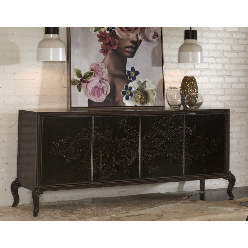 High Sheen Black 4-Door Media Credenza with Maple Legs