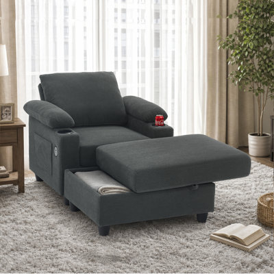 Ensemble de fauteuil d'appoint et repose-pieds avec rangement, méridienne convertible simple avec dossier inclinable, porte-gobelets, ports USB-C