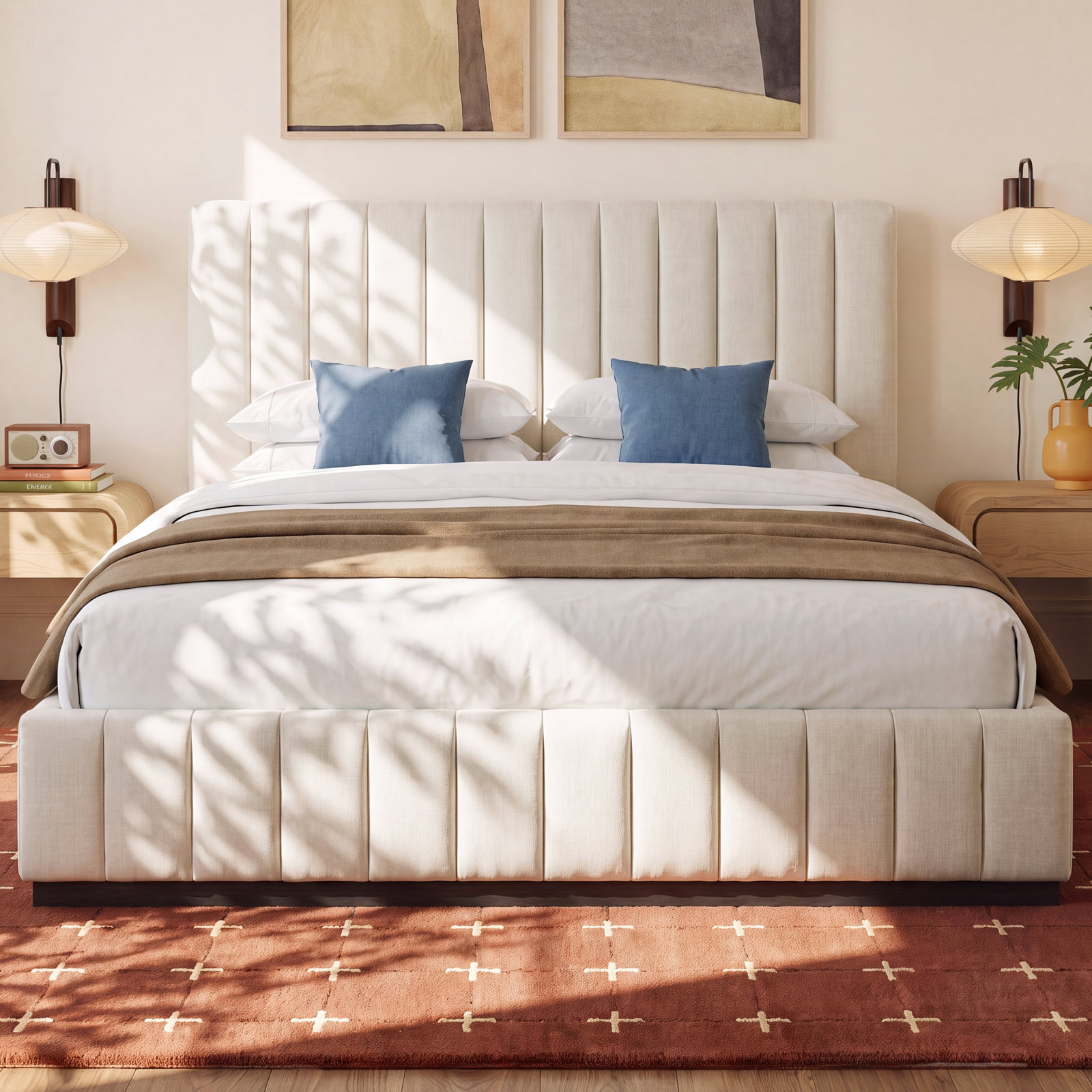 Codyn Upholstered Bed, Beige Linen Textured Fabric, King