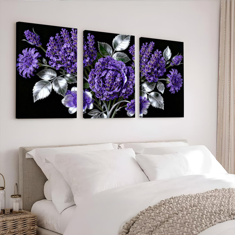 Tableau sur toile tendue « Bouquet de fleurs violettes » (lot de 3), H 24 po x l 48 po