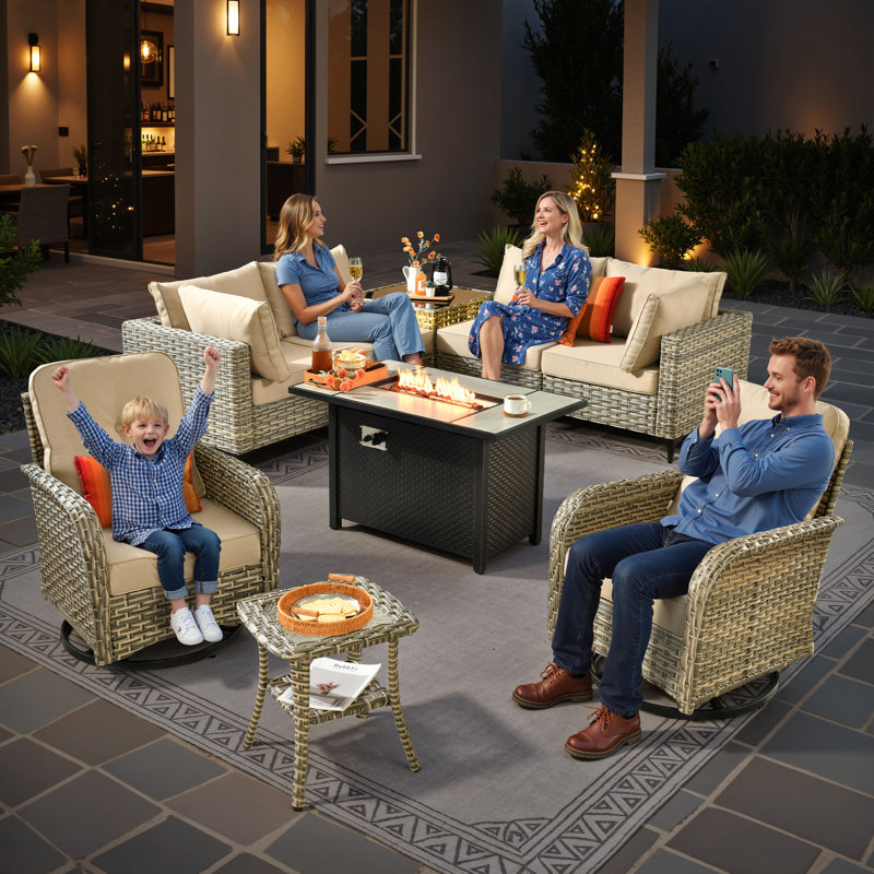 Tommy Outdoor Wicker 6 Person Seating Group With Cushions With Rocking And Swivel Chairs, Beige, Yes