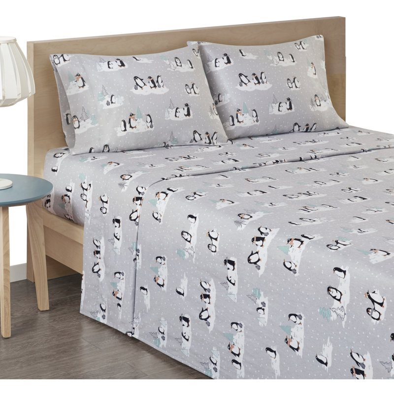 Ensemble de draps 100% coton Cozy, Ensemble de draps pour très grand lit avec 2 taie, Pingouins, gris