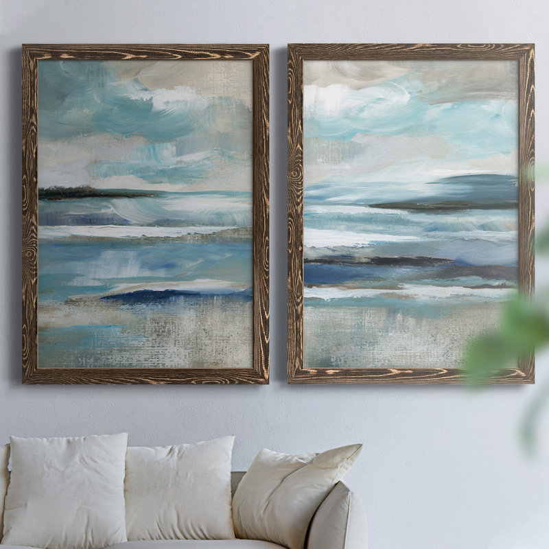 «Distant Drama I», ensemble de 2 peintures sur toile encadrées, Encadré de bois de noyer, H 24 po x l 36 po x P 1,5 po