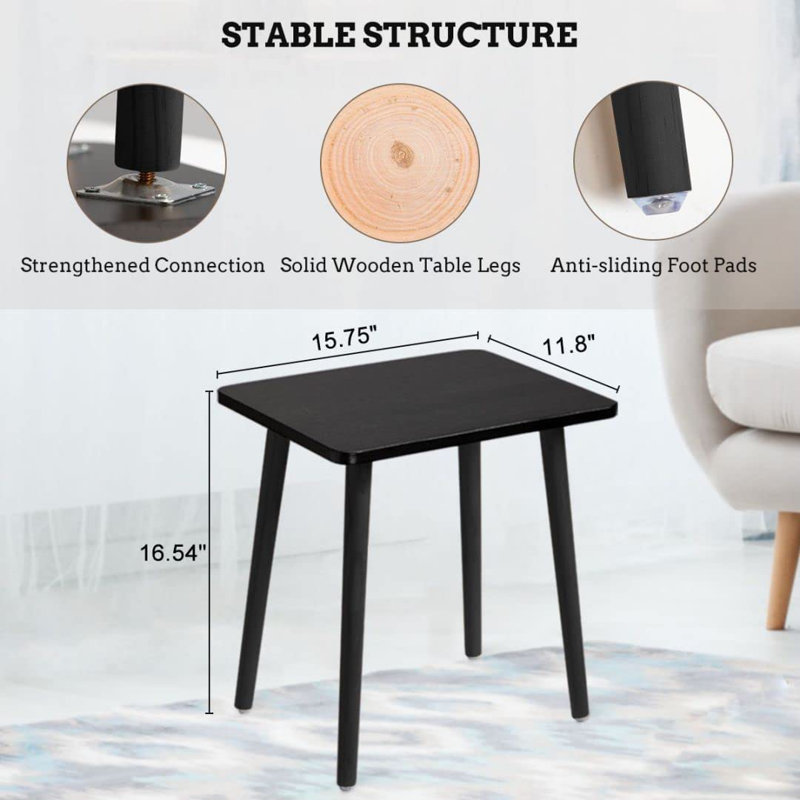 Black Rectangular Solid Wood Side Table with Natural Legs