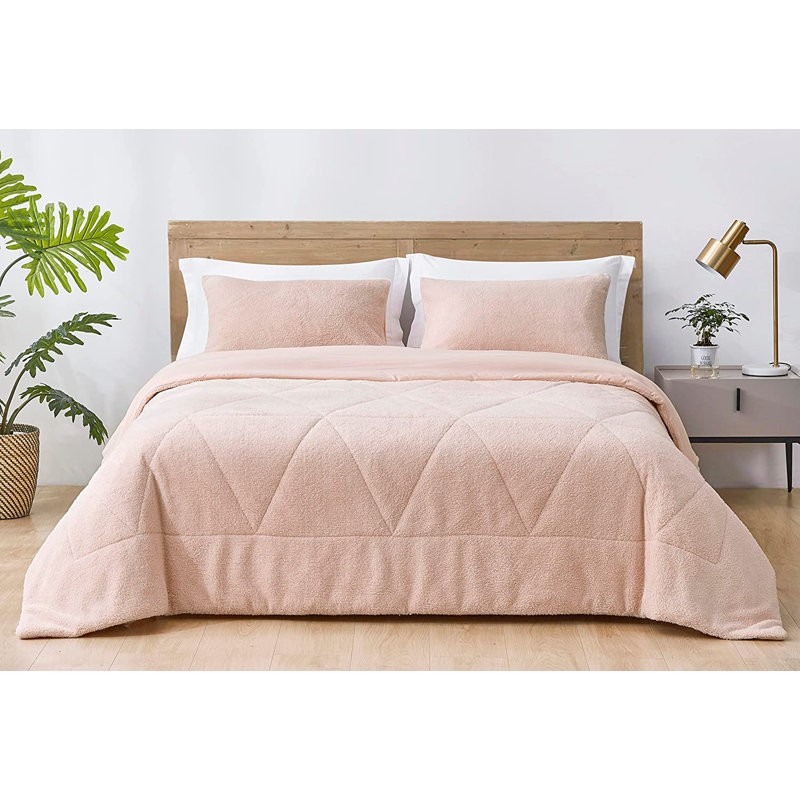Zane Sherpa Reversible Microfiber Comforter Set, Full Comforter + 2 Standard Shams, Blush