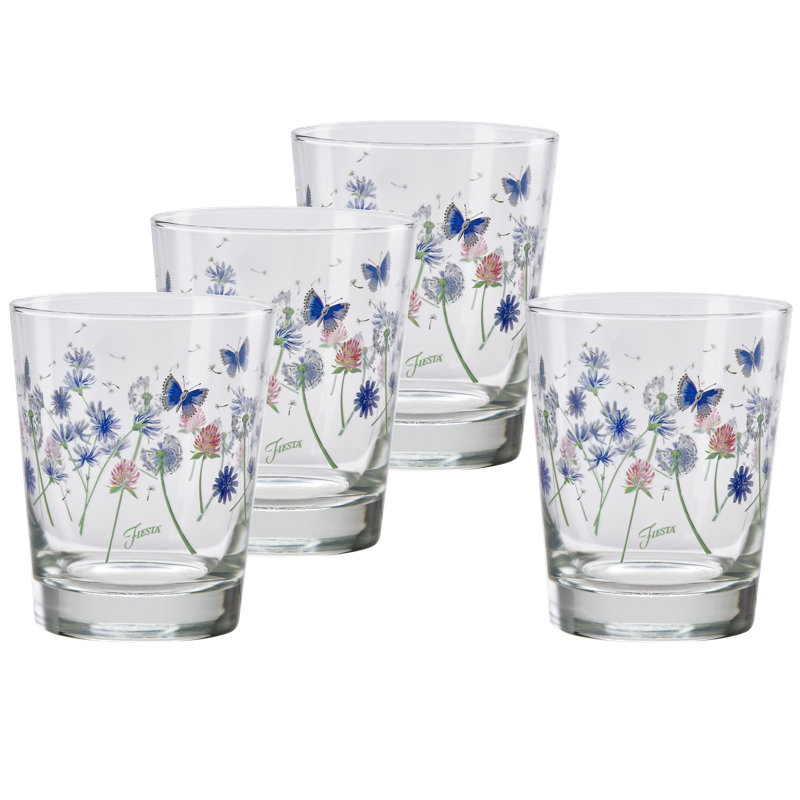 Ensemble de 4 verres à whisky floraux effilochés à deux plateaux Fiesta Breezy