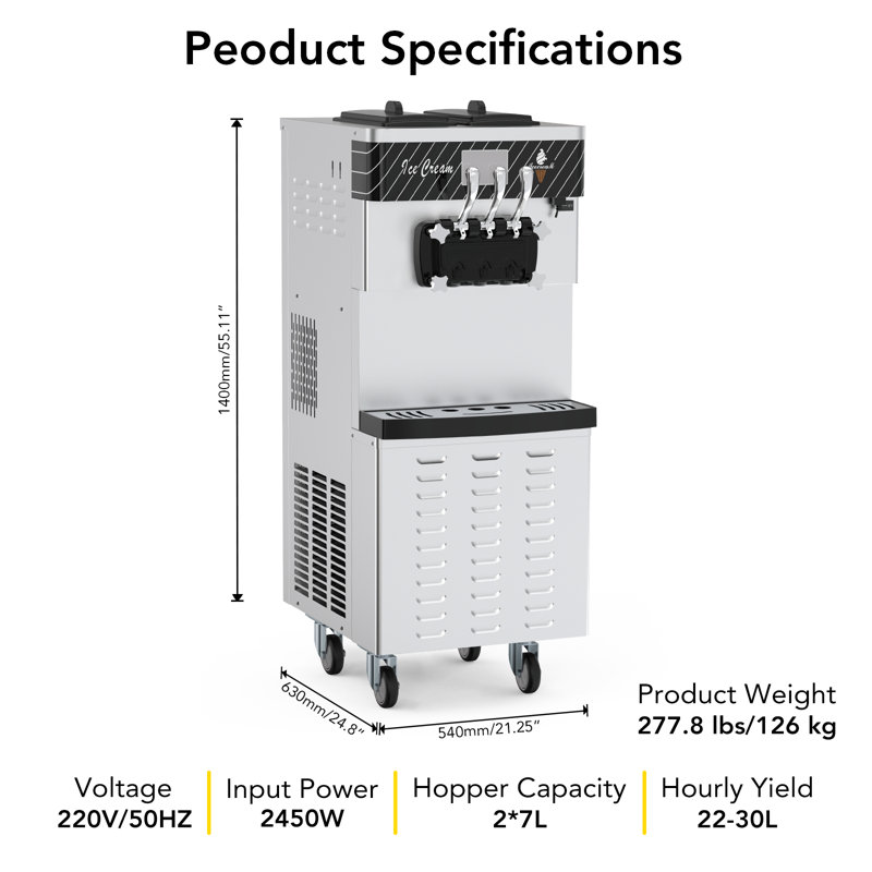 Machine à crème glacée à haut rendement à service doux - 3 saveurs commerciales, 2450 W, 5,8 à 7,9 gal / h, deux trémies de 12 L, contrôle tactile ACL, nettoyage automatique et pré-refroidissement - idéal pour les restaurants et les collations