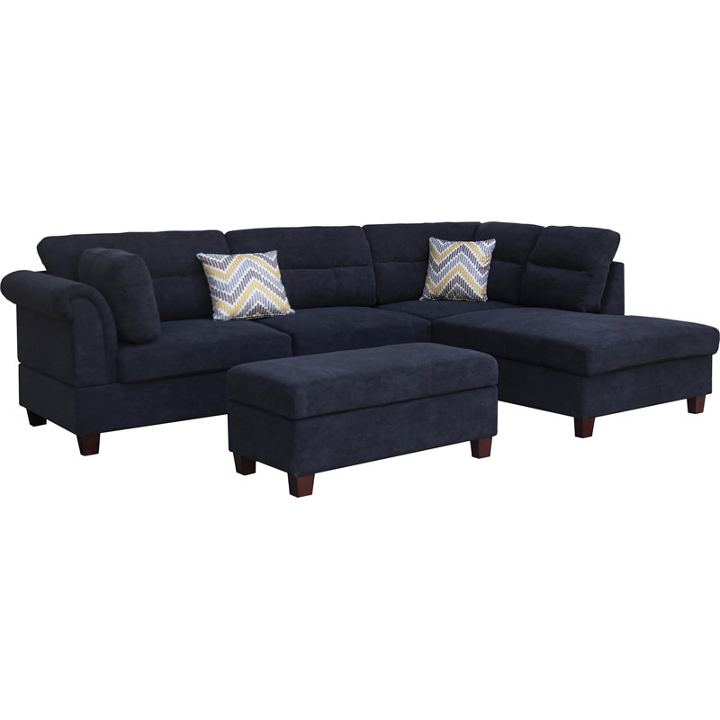 Arora 103.5" Sectional Sofa with Storage Ottoman & 2 Accent Pillows, Black Fabric