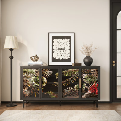 Armoire de rangement 60,3 "avec portes tropicales en verre, décor de salle à manger, compartiments multiples, armoire rétro de 60,3 pouces à 4 portes