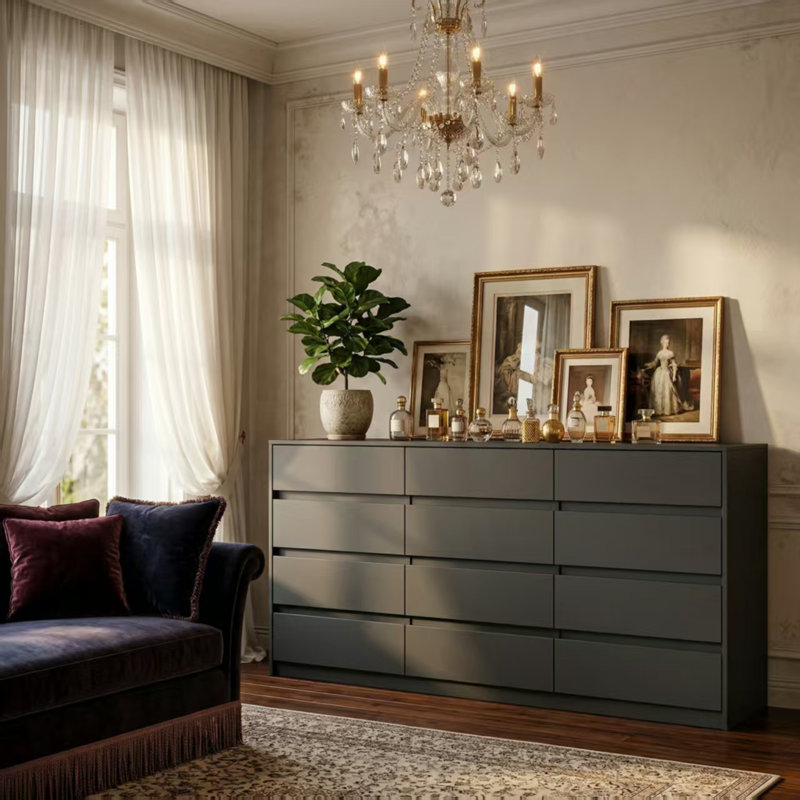 Rhue 63" Wide 12 Drawer Dresser, Black